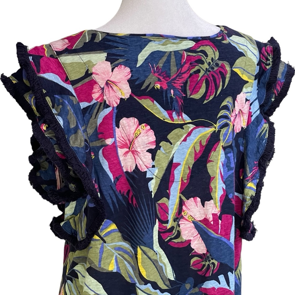 Chico's Tropical Floral Navy Pink Green V-Neck Ruffle Sleeve Blouse - Picture 10 of 15